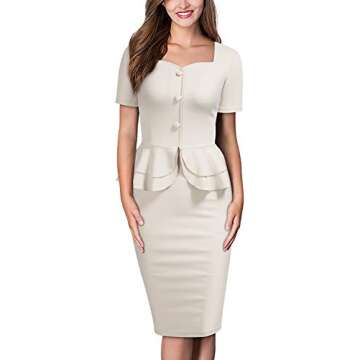 AISIZE Women's 1940s Vintage Button Sweetheart Peplum Bodycon Cocktail Dress Small Beige