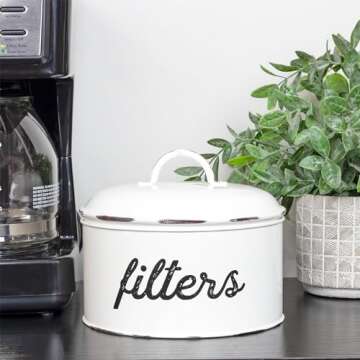 AuldHome Design Basket Coffee Filter Holder, White Enamel Filter Storage Container in Rustic Farmhou...