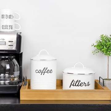 AuldHome Design Basket Coffee Filter Holder, White Enamel Filter Storage Container in Rustic Farmhouse Distressed Enamelware Design