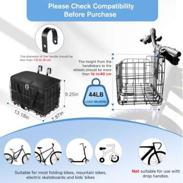 Bike Basket Front,Foldable Bike Basket,Bike Baskets for Adult Bikes Quick Folding No-Detachment Desi...