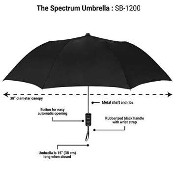 The Spectrum Popular Style 42" Automatic Open Compact Travel Umbrella for Rain, Wind & Sun, Sturdy Lightweight Small Portable Stick Umbrella for Men and Women, Black