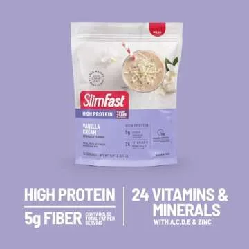 SlimFast High Protein Meal Replacement Powder, 26 Servings, Advanced Nutrition Smoothie Mix with Vitamin and Mineral Blend, Gluten Free, Vanilla Cream, 1.53 Pounds