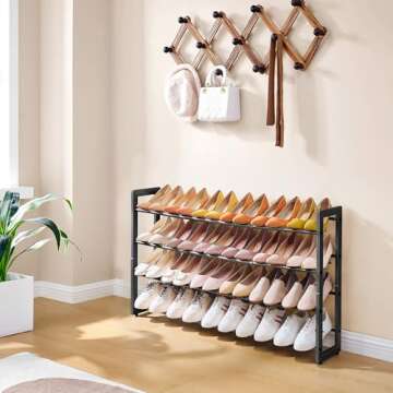 FAVOOSTY 4-Tier Expandable Shoe Rack, Adjustable Shoe Shelf Storage Organizer Space Saving Metal Fre...