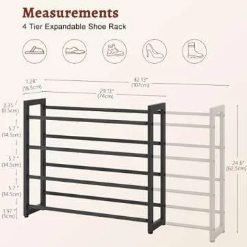 FAVOOSTY 4-Tier Expandable Shoe Rack, Adjustable Shoe Shelf Storage Organizer Space Saving Metal Free Standing Shoe Rack for Entryway Closet Doorway, Black