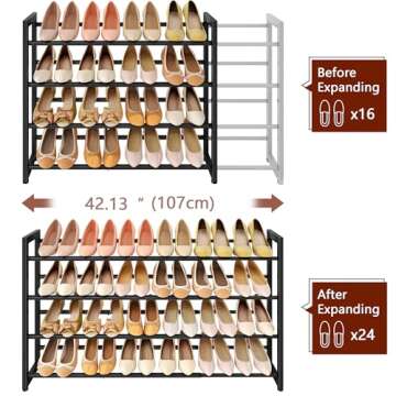 FAVOOSTY 4-Tier Expandable Shoe Rack, Adjustable Shoe Shelf Storage Organizer Space Saving Metal Free Standing Shoe Rack for Entryway Closet Doorway, Black