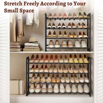 FAVOOSTY 4-Tier Expandable Shoe Rack, Adjustable Shoe Shelf Storage Organizer Space Saving Metal Free Standing Shoe Rack for Entryway Closet Doorway, Black