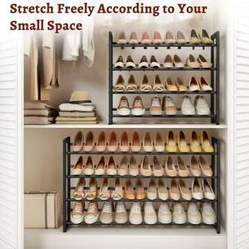 FAVOOSTY 4-Tier Expandable Shoe Rack, Adjustable Shoe Shelf Storage Organizer Space Saving Metal Free Standing Shoe Rack for Entryway Closet Doorway, Black