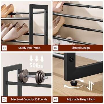 FAVOOSTY 4-Tier Expandable Shoe Rack, Adjustable Shoe Shelf Storage Organizer Space Saving Metal Free Standing Shoe Rack for Entryway Closet Doorway, Black