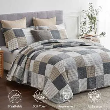 Finlonte Quilts Queen Size - 100% Cotton Plaid Queen Comforter Set, Farmhouse Country Quilted Bedspr...