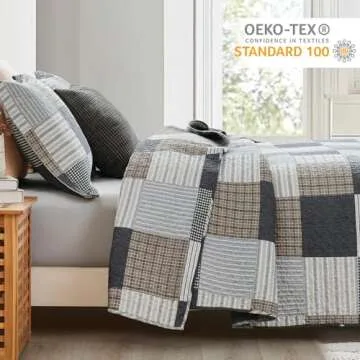 Finlonte Quilts Queen Size - 100% Cotton Plaid Queen Comforter Set, Farmhouse Country Quilted Bedspread, Lightweight Reversible Soft Quilt Bedding Set, Grey Brown Black White Bed Spread All-Season 3pc
