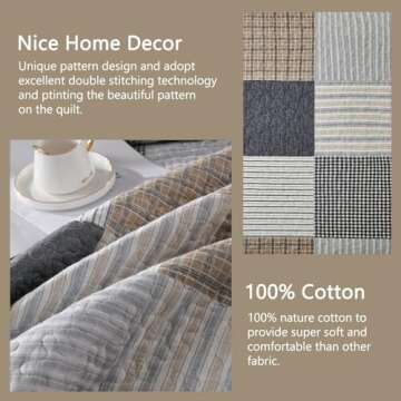 Finlonte Quilts Queen Size - 100% Cotton Plaid Queen Comforter Set, Farmhouse Country Quilted Bedspread, Lightweight Reversible Soft Quilt Bedding Set, Grey Brown Black White Bed Spread All-Season 3pc