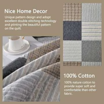 Finlonte Quilts Queen Size - 100% Cotton Plaid Queen Comforter Set, Farmhouse Country Quilted Bedspread, Lightweight Reversible Soft Quilt Bedding Set, Grey Brown Black White Bed Spread All-Season 3pc