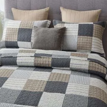 Finlonte Quilts Queen Size - 100% Cotton Plaid Queen Comforter Set, Farmhouse Country Quilted Bedspread, Lightweight Reversible Soft Quilt Bedding Set, Grey Brown Black White Bed Spread All-Season 3pc