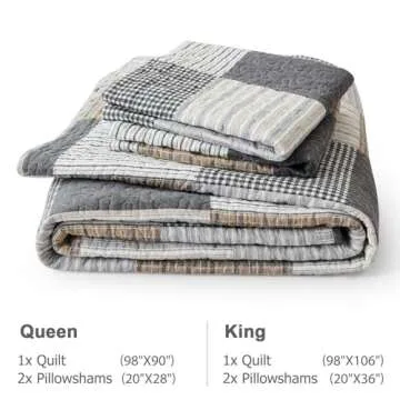 Finlonte Quilts Queen Size - 100% Cotton Plaid Queen Comforter Set, Farmhouse Country Quilted Bedspread, Lightweight Reversible Soft Quilt Bedding Set, Grey Brown Black White Bed Spread All-Season 3pc