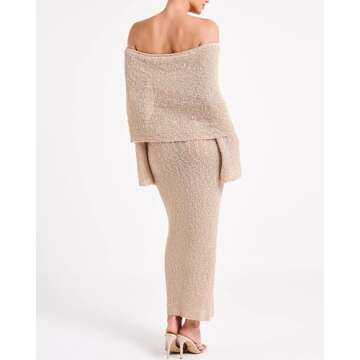 miswek Women's Off Shoulder Boucle Maxi Dress Long Sleeve Sheer Knit Sexy Vacation Party Dress(Apric...