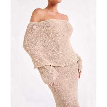 miswek Women's Off Shoulder Boucle Maxi Dress Long Sleeve Sheer Knit Sexy Vacation Party Dress(Apricot M)