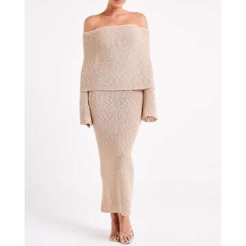 miswek Women's Off Shoulder Boucle Maxi Dress Long Sleeve Sheer Knit Sexy Vacation Party Dress(Apricot M)