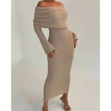 miswek Women's Off Shoulder Boucle Maxi Dress Long Sleeve Sheer Knit Sexy Vacation Party Dress(Apricot M)