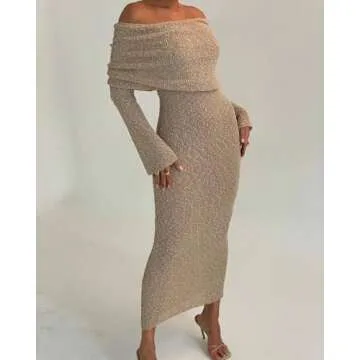 miswek Women's Off Shoulder Boucle Maxi Dress Long Sleeve Sheer Knit Sexy Vacation Party Dress(Apricot M)