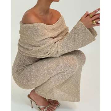 miswek Women's Off Shoulder Boucle Maxi Dress Long Sleeve Sheer Knit Sexy Vacation Party Dress(Apricot M)