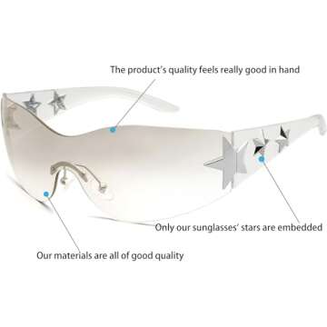 Haqptul Rimless Y2K Sunglasses Star Wrap Around Glasses 2000S Accessories for Women Men Trendy Fashi...