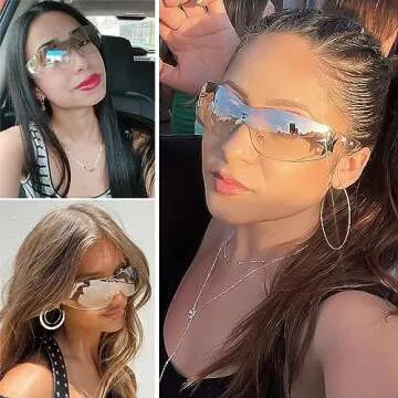 Haqptul Rimless Y2K Sunglasses Star Wrap Around Glasses 2000S Accessories for Women Men Trendy Fashion Cool Shield Shades (Transparent)