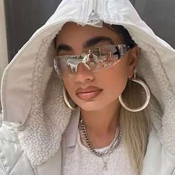 Haqptul Rimless Y2K Sunglasses Star Wrap Around Glasses 2000S Accessories for Women Men Trendy Fashion Cool Shield Shades (Transparent)