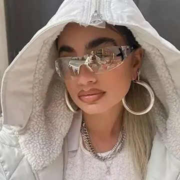 Haqptul Rimless Y2K Sunglasses Star Wrap Around Glasses 2000S Accessories for Women Men Trendy Fashion Cool Shield Shades (Transparent)