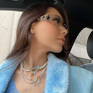 Haqptul Rimless Y2K Sunglasses Star Wrap Around Glasses 2000S Accessories for Women Men Trendy Fashion Cool Shield Shades (Transparent)