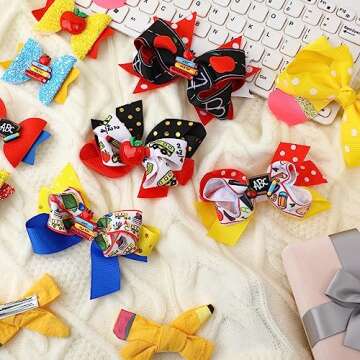 Zeyune 12 Pcs Back to School Bow Hair Clips for Girls Yellow Pencil Apple Book Blackboard Hairpin Colorful Glitter Barrette Clips for Girls Kids Baby Toddler Students Kindergarten Hair Accessories
