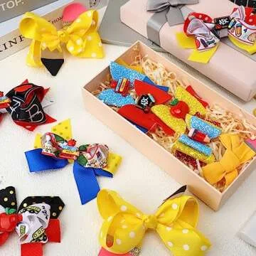 Zeyune 12 Pcs Back to School Bow Hair Clips for Girls Yellow Pencil Apple Book Blackboard Hairpin Colorful Glitter Barrette Clips for Girls Kids Baby Toddler Students Kindergarten Hair Accessories