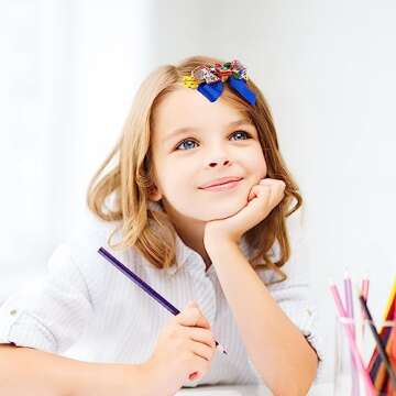 Zeyune 12 Pcs Back to School Bow Hair Clips for Girls Yellow Pencil Apple Book Blackboard Hairpin Colorful Glitter Barrette Clips for Girls Kids Baby Toddler Students Kindergarten Hair Accessories