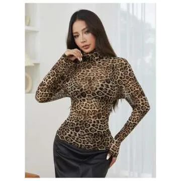WDIRARA Women's Leopard Print See Through Mock Turtle Neck Long Sleeve T-Shirt Casual Slim Fit Top