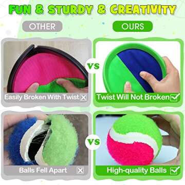 ZMLM Toss Catch Ball Toy Set: Upgraded Kid Outdoor Toy Game Beach Backyard Lawn Sport Activity Fun Outside Indoor Family Toy for Age 3-12 Girl Boy Kid Birthday Gift with 4 Sticky Paddles 4 Throw Balls