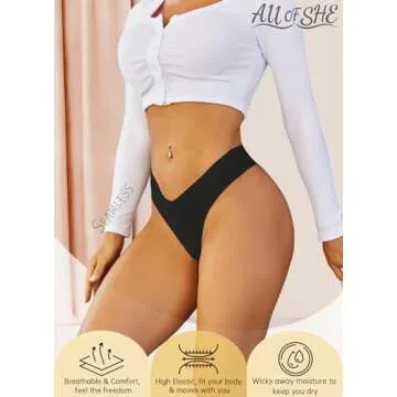 ALL OF SHE Seamless Thongs for Women No Show V-waisted Invisible Sexy Panties Tangas Thong Underwear Women 6 Pack