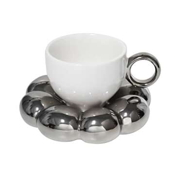 Koythin Ceramic Coffee Mug with Saucer Set, Creative Cute Cup with Sunflower Coaster for Office and Home, 6.5 oz/200 ml for Tea Latte Milk (Electroplating White and Silver)