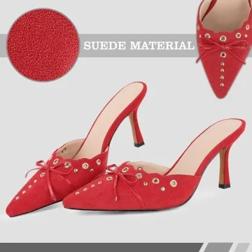 Eteridrey Red Stiletto Heels with Studded Bow for Women