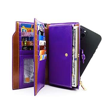 ANDOILT Women's RFID Blocking Large Capacity Luxury Wax Genuine Leather Clutch Wallet Card Holder Organizer Ladies Purse Purple