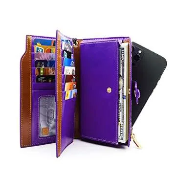 ANDOILT Women's RFID Blocking Large Capacity Luxury Wax Genuine Leather Clutch Wallet Card Holder Organizer Ladies Purse Purple