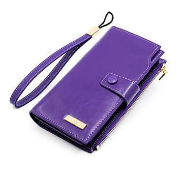 ANDOILT Women's RFID Blocking Large Capacity Luxury Wax Genuine Leather Clutch Wallet Card Holder Organizer Ladies Purse Purple