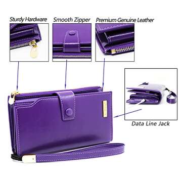 ANDOILT Women's RFID Blocking Large Capacity Luxury Wax Genuine Leather Clutch Wallet Card Holder Organizer Ladies Purse Purple
