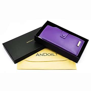 ANDOILT Women's RFID Blocking Large Capacity Luxury Wax Genuine Leather Clutch Wallet Card Holder Organizer Ladies Purse Purple