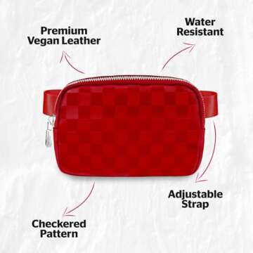 DANCOUR Checkered Belt Bag, Cross Body Bag, Fanny Pack, Leather Fanny Pack Crossbody, Fanny Packs For Women, Crossbody Bags for Women, Waist Bag, Crossbody Fanny Pack For Women, Red Fanny Pack