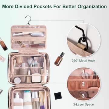 Everfun Hanging Travel Toiletry Bag for Women Traveling With Leakproof Compartment Makeup Cosmetic Organizer Dopp Kit Travel Accessories Essentials Must Have