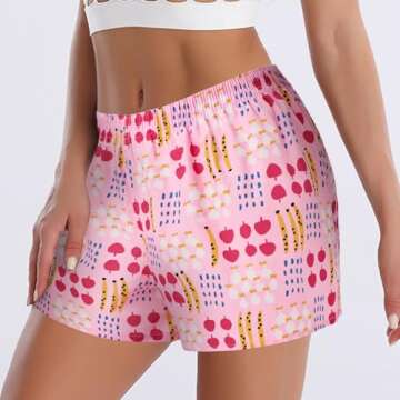 Cinvik Womens Sleep Shorts Loose Booty Shorts Lounge Soft Elastic Wasit Cotton Comfy Pajama Bottoms Pack Pj for Women XL, 3pcs-fruits/Flowers