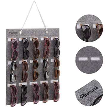 PACMAXI Sunglasses Storage Organizer, Wall Pocket Mounted by Sunglasses, Hanging Eyeglasses Storage Holder, Eyewear Display. (Grey, 15 Slot)