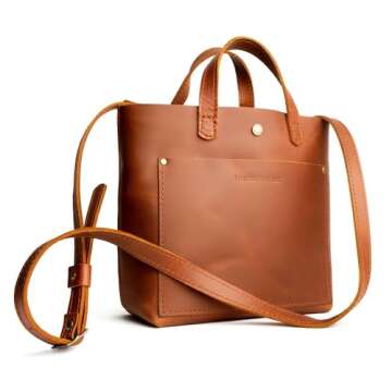 Portland Leather Goods Mini Crossbody Tote Bag for Women – Handmade from from the Finest Full-Grain Hides – Features an Outside Pocket & an Adjustable Strap – Honey