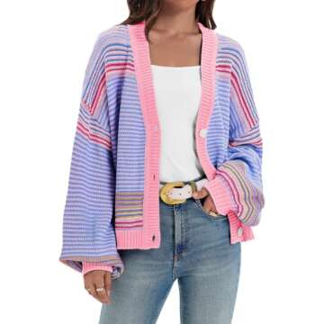 Saodimallsu Womens Striped Cardigan Sweaters Oversized Puff Sleeve Button Up V Neck Color Block Knit...