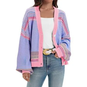 Saodimallsu Womens Striped Cardigan Sweaters Oversized Puff Sleeve Button Up V Neck Color Block Knit...