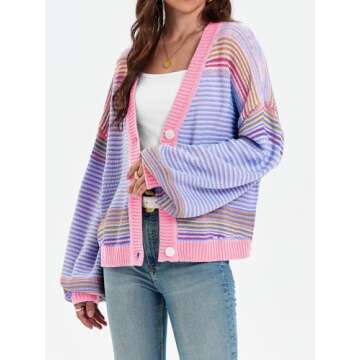 Saodimallsu Womens Striped Cardigan Sweaters Oversized Puff Sleeve Button Up V Neck Color Block Knit Sweater Coat Pink